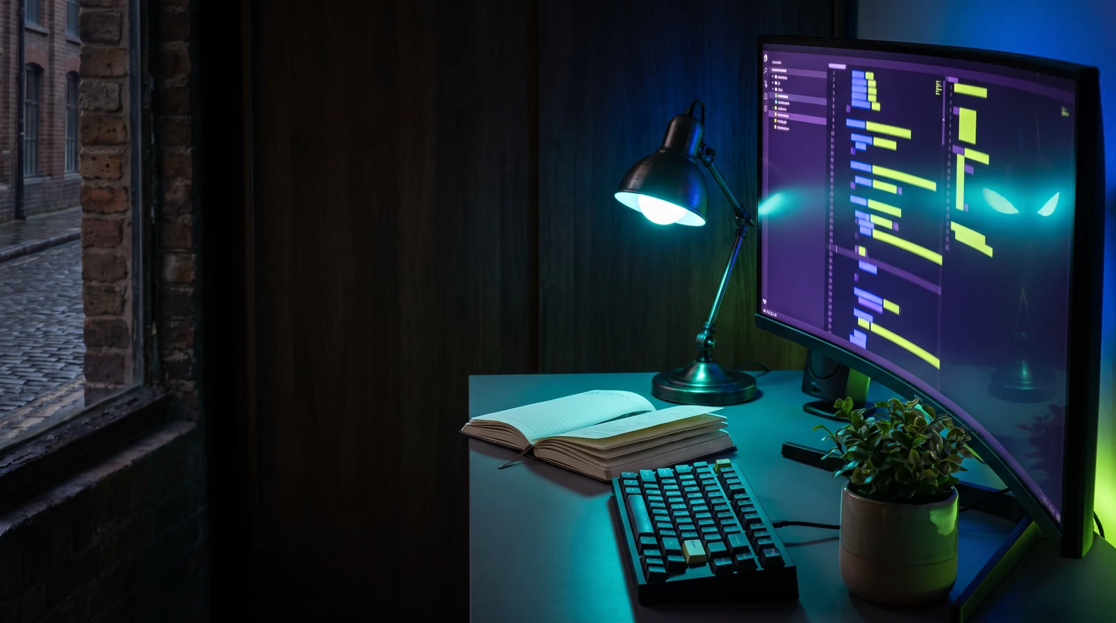 A release plan on a monitor beside an open notebook and keyboard