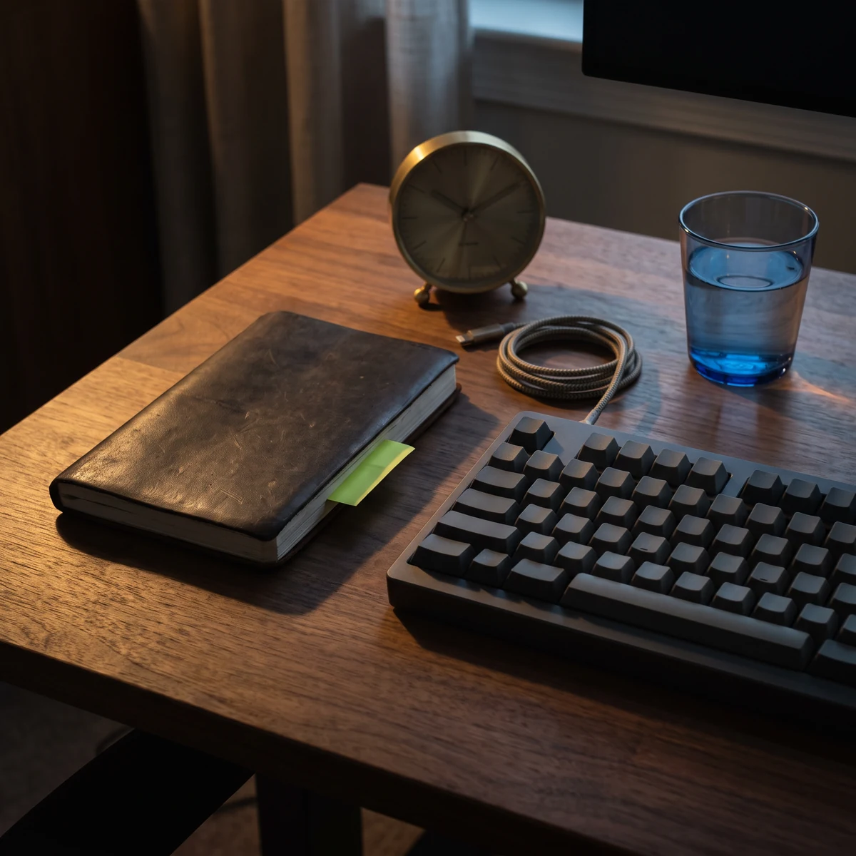 Notebook and keyboard on a wooden desk beside a small clock