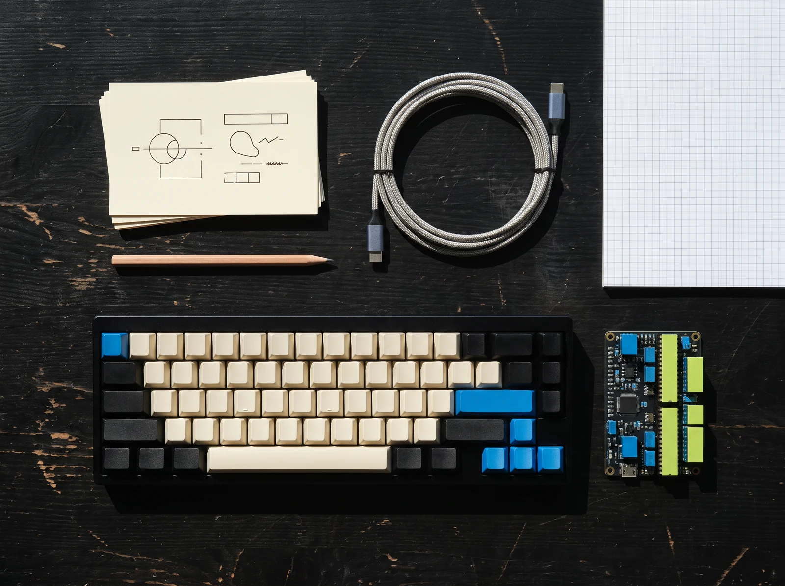Keyboard, cable, sketch cards and circuit board on a black desk