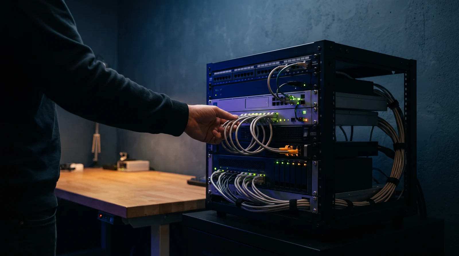 Hand connecting cables to network equipment