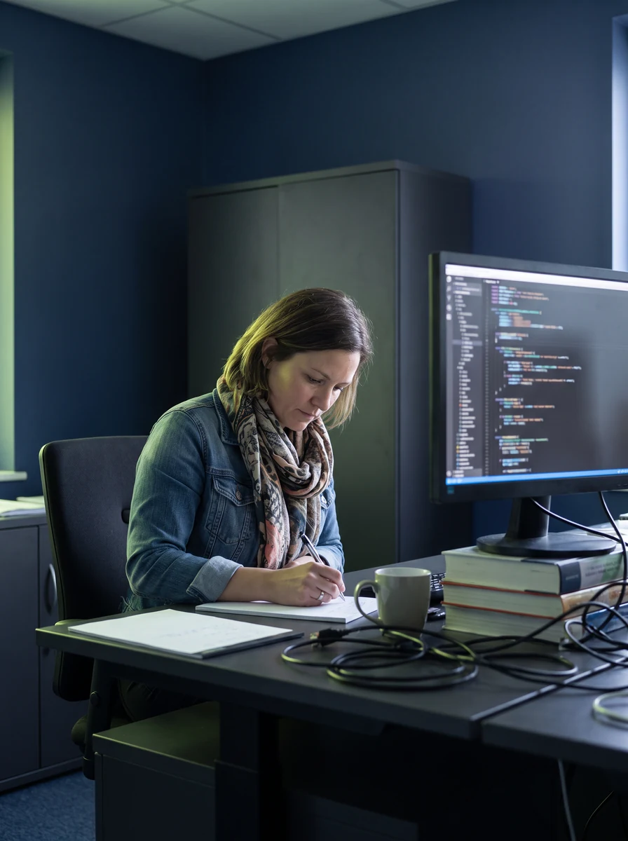 Engineer writing notes next to a screen showing code