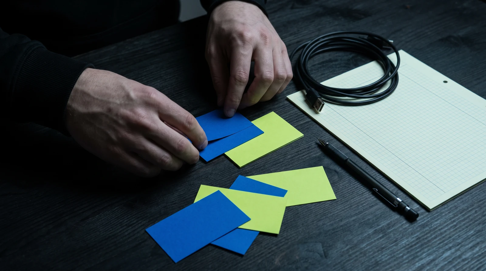 Hands sorting blue and lime planning cards