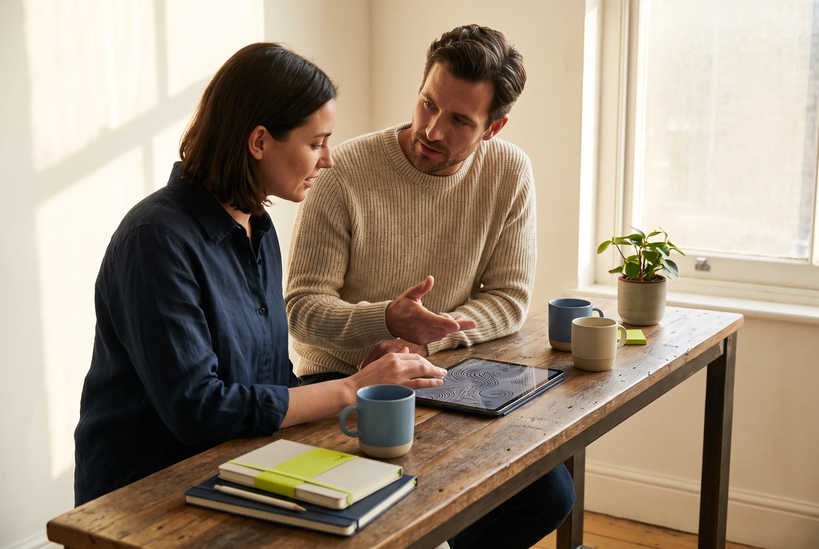 Two people reviewing a tablet at a table